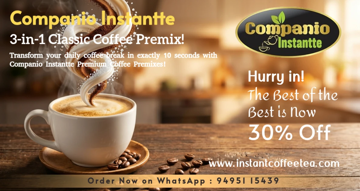 A steaming mug of Companio Instantte 3-in-1 classic coffee premix, illustrating the perfect instant blend of premium coffee powder, milk, and sugar for homes and commercial vending machines.