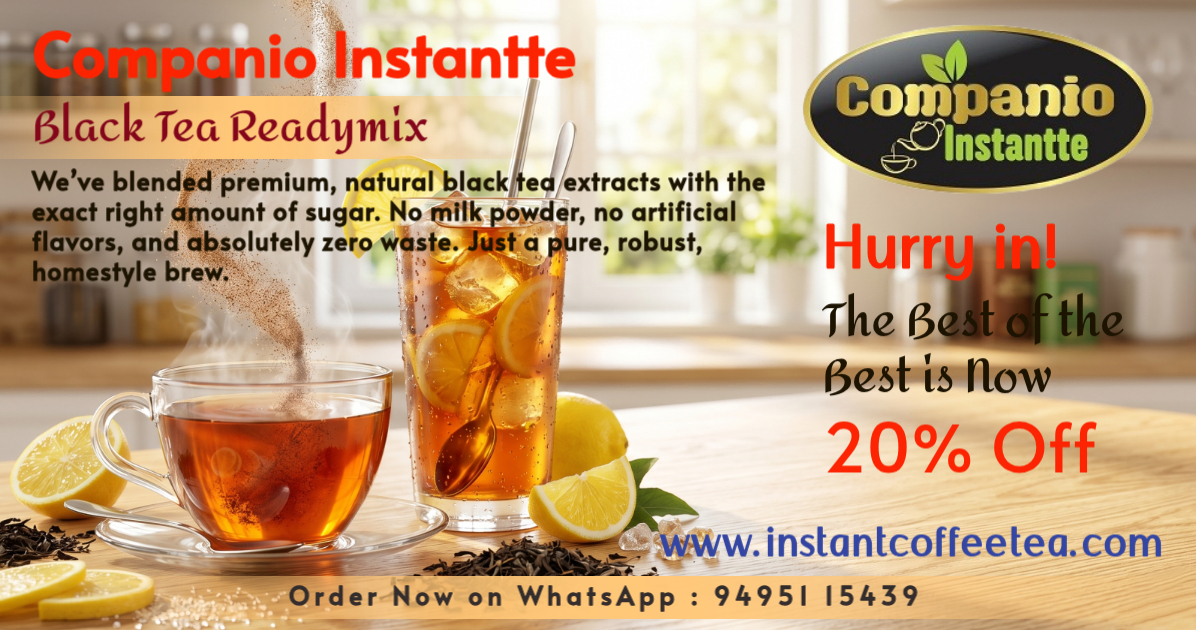 A steaming cup of hot black tea and a refreshing glass of iced tea made from Companio Instantte black tea premix, illustrating our versatile, dairy-free instant tea and sugar powder for homes, travel, and commercial vending.