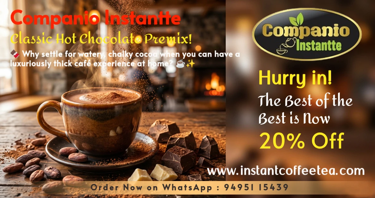 A thick, steaming mug of Companio Instantte classic hot chocolate premix surrounded by real dark chocolate chunks and cocoa butter, highlighting our premium instant drinking chocolate powder for homes, cafes, and travel.