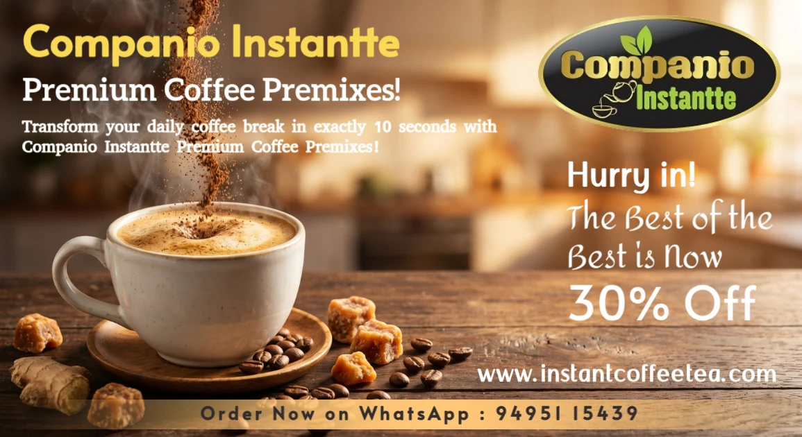 A steaming cup of Companio Instantte premium coffee premix surrounded by roasted coffee beans and natural spices, representing 3-in-1 instant coffee powders and commercial vending machine ready mixes.
