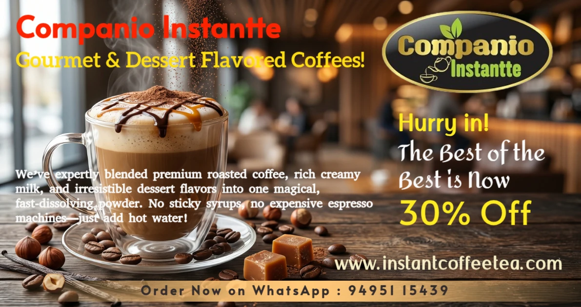 A decadent glass mug of Companio Instantte gourmet flavored coffee premix, surrounded by roasted hazelnuts, vanilla pods, caramel, and chocolate, representing our instant mocha and flavored cafe-style coffee powders for homes and vending machines.