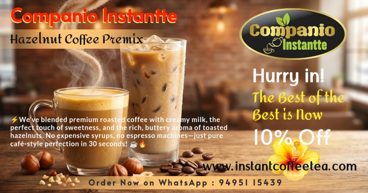 A steaming mug and a refreshing iced glass of Companio Instantte hazelnut coffee premix surrounded by roasted hazelnuts, highlighting our best-selling 3-in-1 gourmet instant flavored coffee powder.