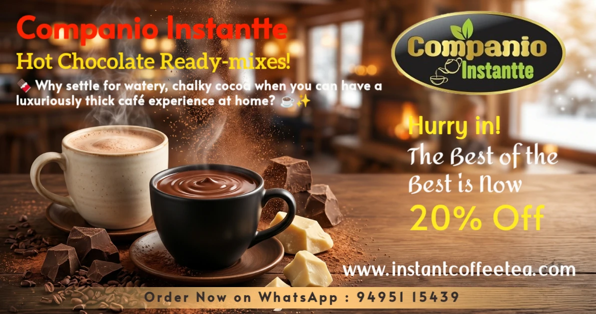 Two steaming mugs of Companio Instantte premium hot chocolate premixes, showcasing our classic and thick dark drinking chocolate powders made with real chocolate chunks and cocoa butter for homes, cafes, and vending machines.
