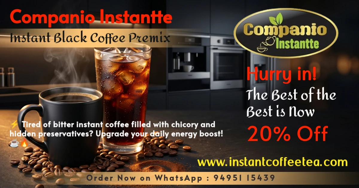 A steaming mug of hot black coffee and a refreshing glass of iced Americano made from Companio Instantte 100% Arabica instant black coffee premix, highlighting our zero-sugar, zero-chicory pure coffee powder for fasting, fitness, and travel.