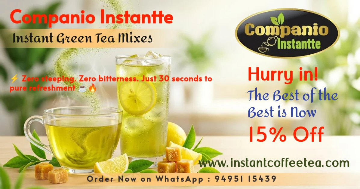 A steaming hot cup and a refreshing iced glass of Companio Instantte lemon green tea mix surrounded by fresh lemons and natural jaggery cubes, showcasing our instant, antioxidant-rich green tea powder for homes, travel, and corporate wellness.