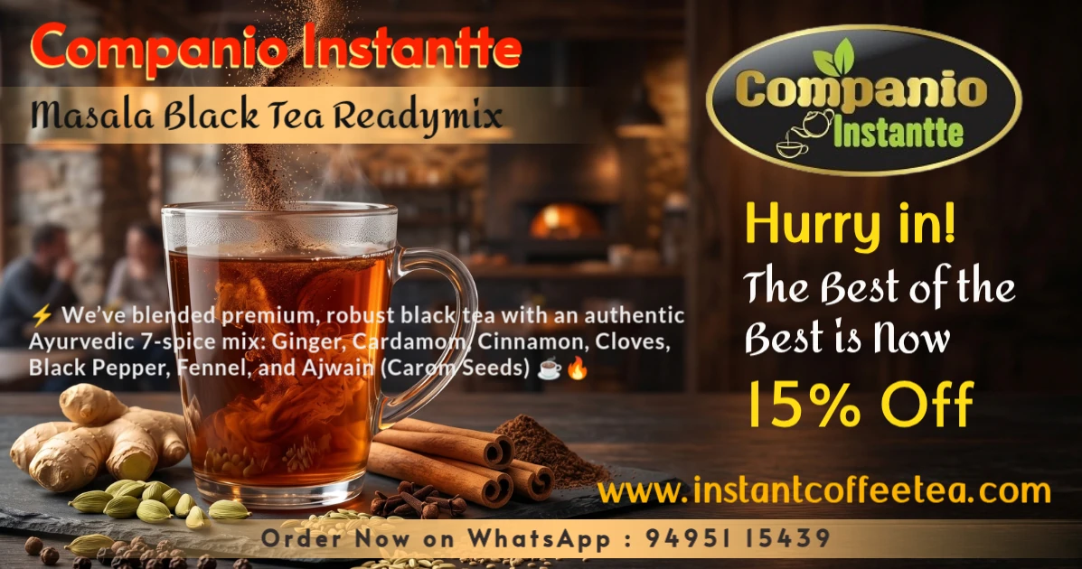 A steaming glass mug of Companio Instantte dairy-free masala black tea premix surrounded by an authentic 7-spice blend of ginger, black pepper, and cardamom, highlighting our instant spiced black tea powder for digestion, travel, and wellness.