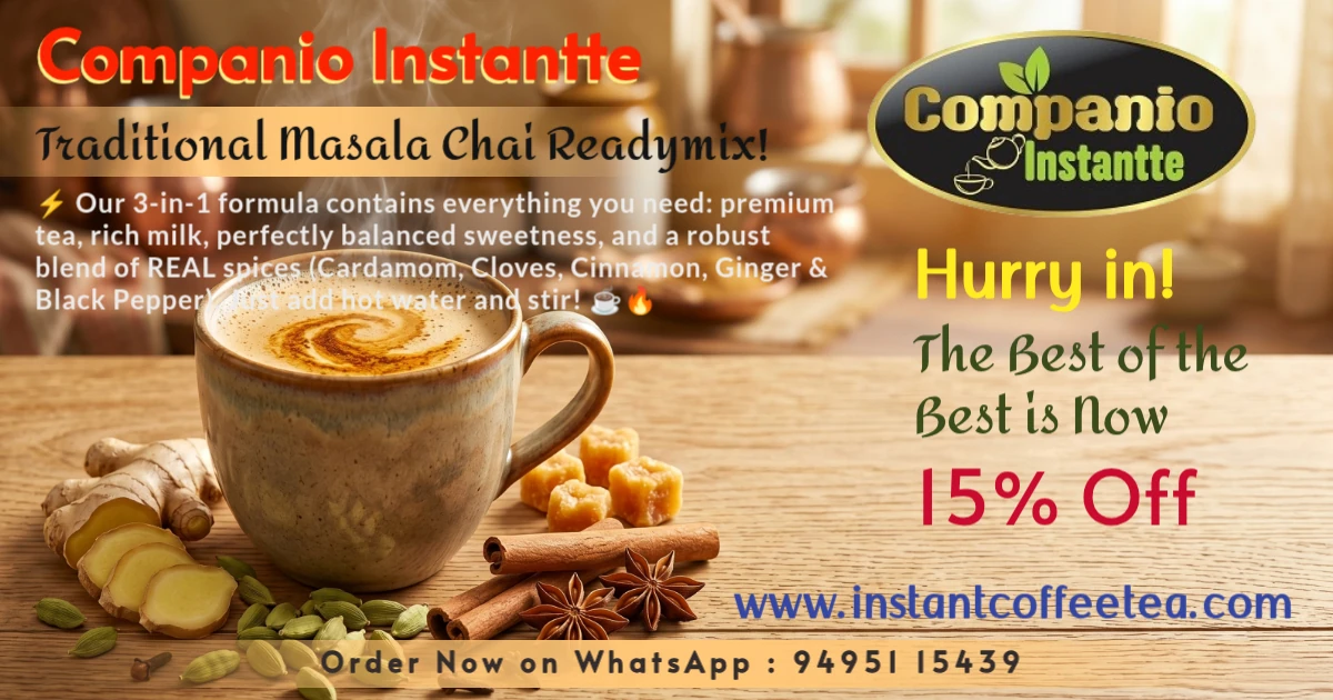 A steaming mug of Companio Instantte masala chai premix surrounded by authentic Indian spices like cardamom, ginger, and cinnamon, highlighting our premium 3-in-1 instant spiced tea powder for homes, travel, and commercial vending.