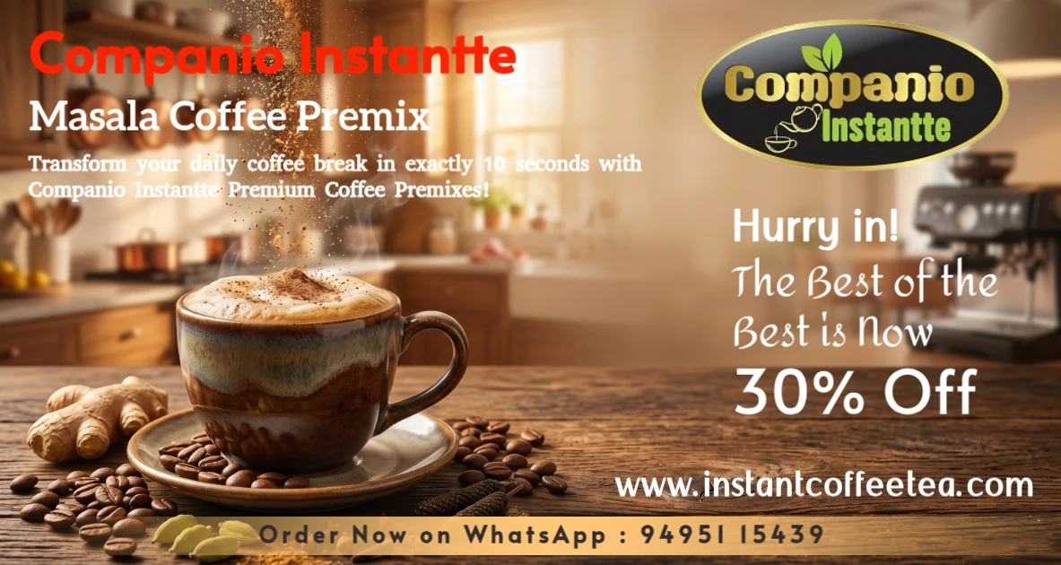A steaming mug of Companio Instantte masala coffee premix surrounded by premium coffee beans and authentic Indian spices like ginger, cardamom, and cloves, highlighting our immunity-boosting spiced instant coffee powder.