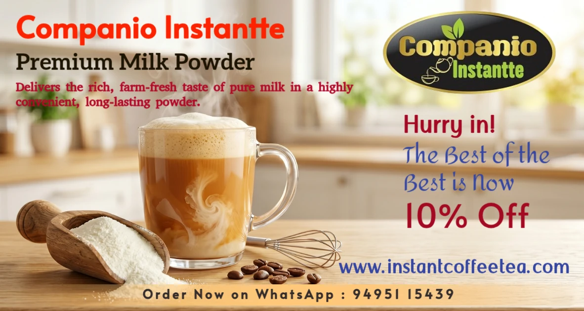 A wooden scoop of Companio Instantte premium instant milk powder seamlessly dissolving into a hot beverage, highlighting our highly soluble, long-lasting dairy powder for homes, baking, and commercial vending machines.