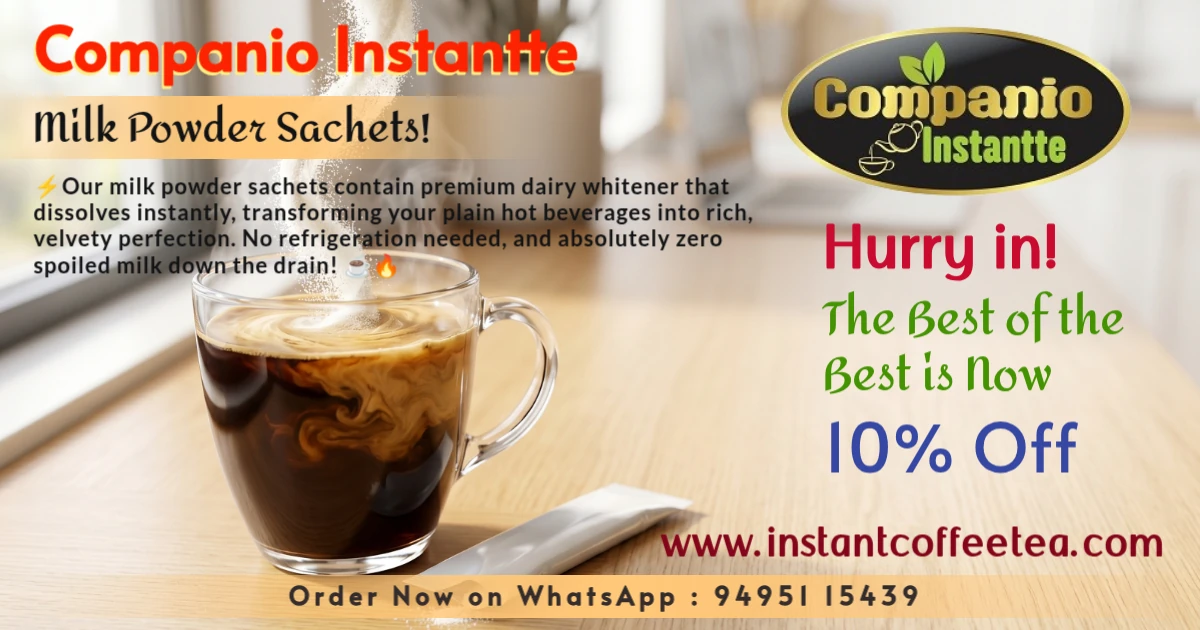 A steaming mug of coffee blending seamlessly with Companio Instantte milk powder from a single-serve sachet, highlighting our instant dairy creamer for rich, velvety beverages at the office, home, or while traveling.