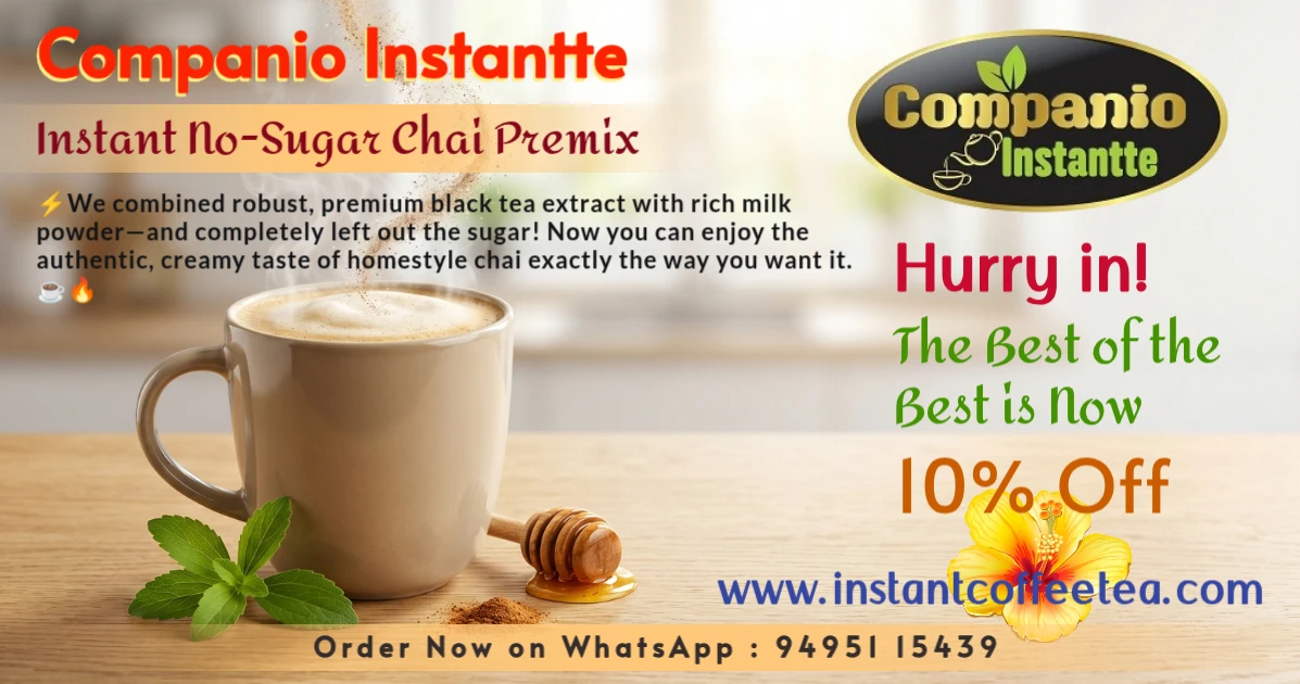 A steaming mug of Companio Instantte unsweetened milk tea surrounded by healthy sweetener alternatives like stevia and honey, highlighting our 2-in-1 no-sugar chai premix designed for diabetic, keto, and low-carb diets.