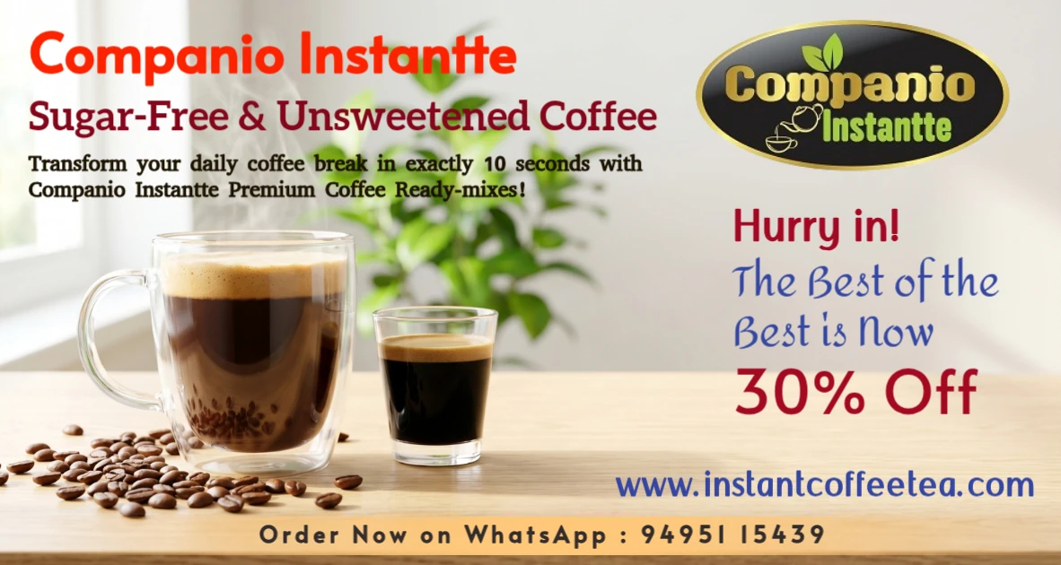 A clear glass mug of frothy Companio Instantte sugar-free coffee premix alongside a black coffee variant, representing healthy, unsweetened, and diabetic-friendly instant coffee powders for homes and vending machines.