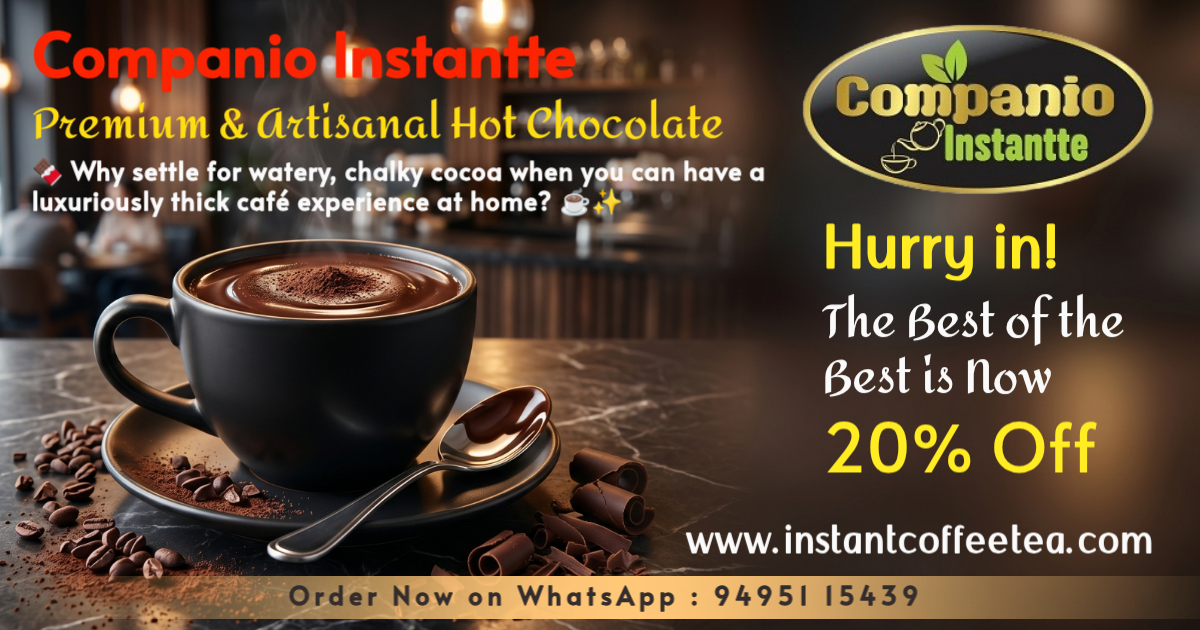 A luxurious cup of Companio Instantte thick and dark artisanal hot chocolate, illustrating our premium European-style dark drinking chocolate powder for gourmet homes, artisan bakeries, and luxury cafes.