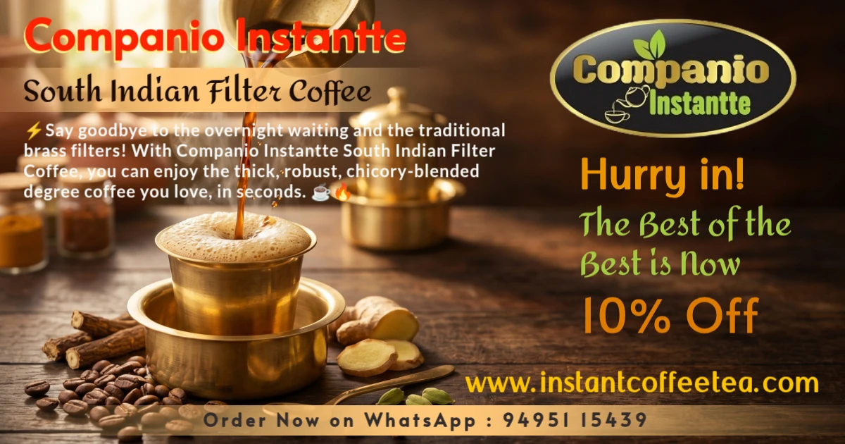 A steaming traditional brass dabarah and tumbler of authentic South Indian filter kaapi surrounded by coffee beans, chicory, ginger, and cardamom, highlighting Companio Instantte's instant filter coffee premix and ready-to-use liquid decoctions.