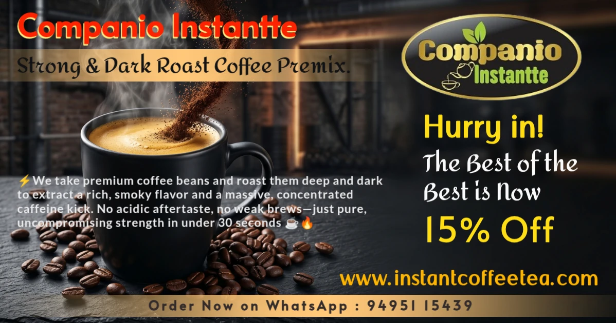 A steaming matte black mug of Companio Instantte strong dark roast coffee premix surrounded by deeply roasted coffee beans, highlighting our intense, high-caffeine instant coffee powder for pre-workout energy, focus, and night shifts.