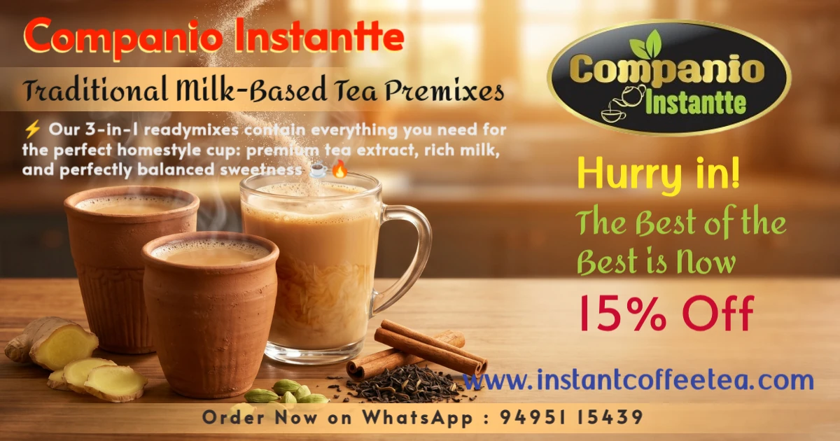 Steaming cups of frothy authentic Indian chai surrounded by fresh ginger and cardamom, showcasing Companio Instantte's 3-in-1 traditional milk-based tea premixes for homes, travel, and commercial office vending.