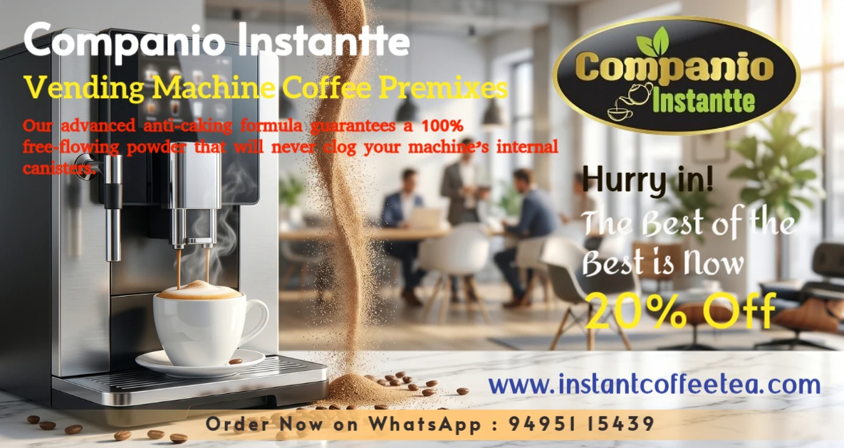A modern office vending machine dispensing a steaming cup of Companio Instantte coffee, illustrating our clog-free, anti-caking bulk coffee premixes designed for commercial automated dispensers and corporate pantries.